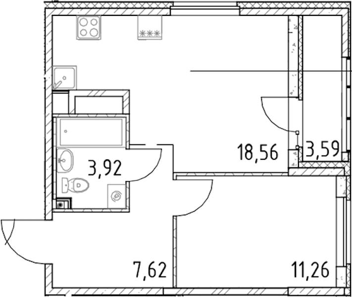 1-комнатная квартира 41.36 м², 22/23 эт., ЖК «Город Первых»